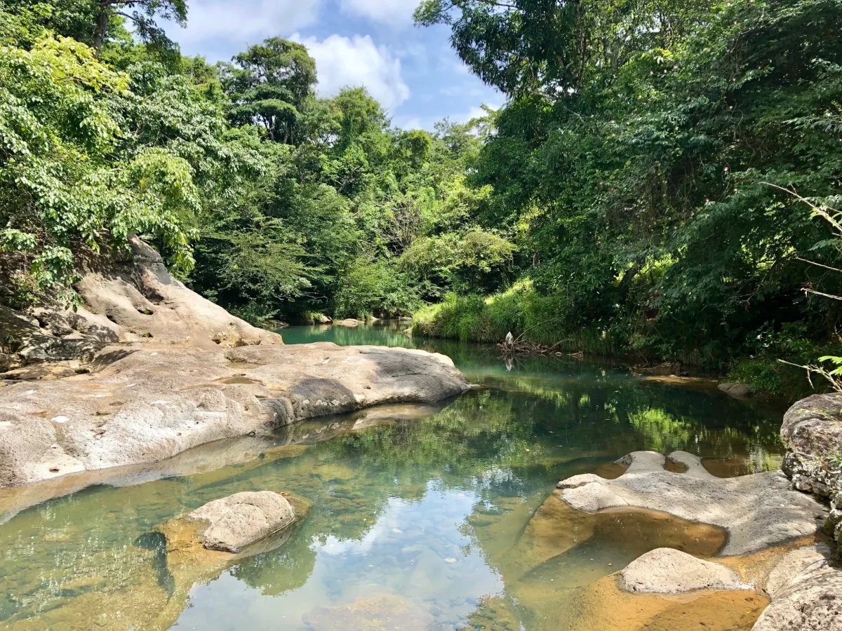 3.5 HA for sale, bordering river with beautiful natural swimming pool.